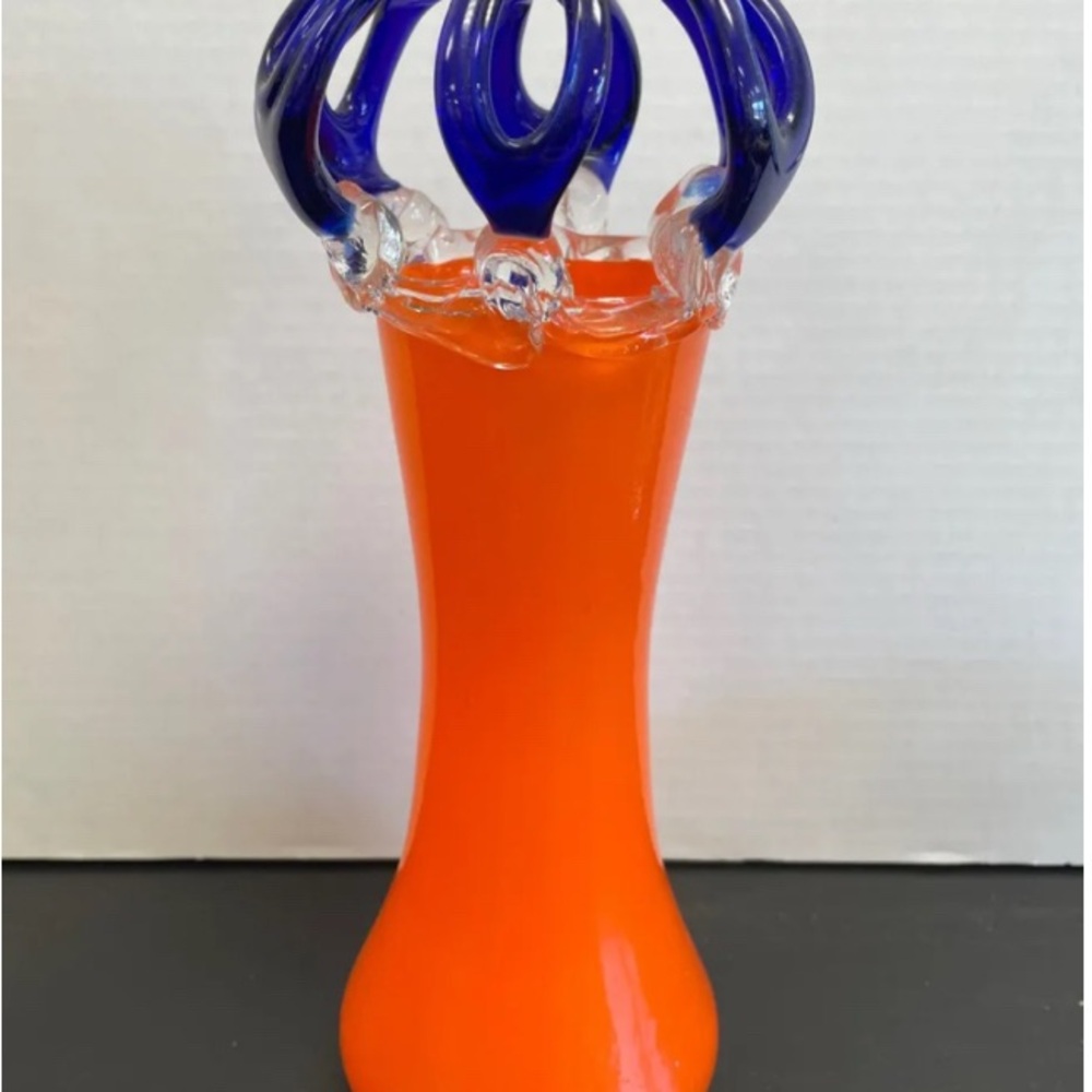 1920s Czech Art Deco Red Tango Glass Vase with Attached Blue Glass Flower Frog